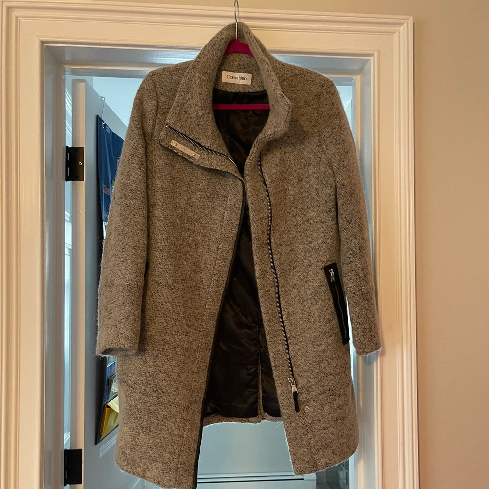 Calvin Klein Faux-Leather-Trim Boucle Coat